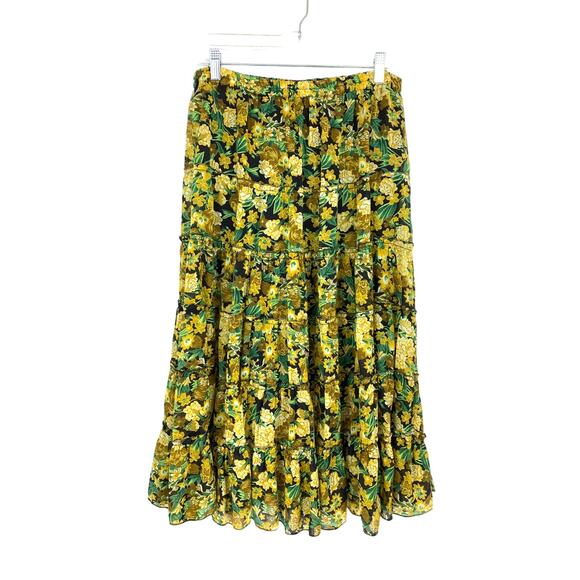 Preswick & Moore Midi Skirt Womens Sz L A-Line Tiered Yellow Floral Print Boho - Picture 1 of 5